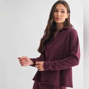 Dark Plum 100% Cotton Long Sleeve Henley Long Sleeve V-Neck Top